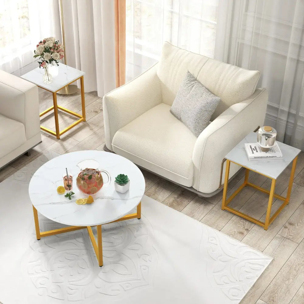 3-Piece Coffee Table Set Round Coffee Table and 2PCS Square End Tables-White and Gold - White - Coffee Tables