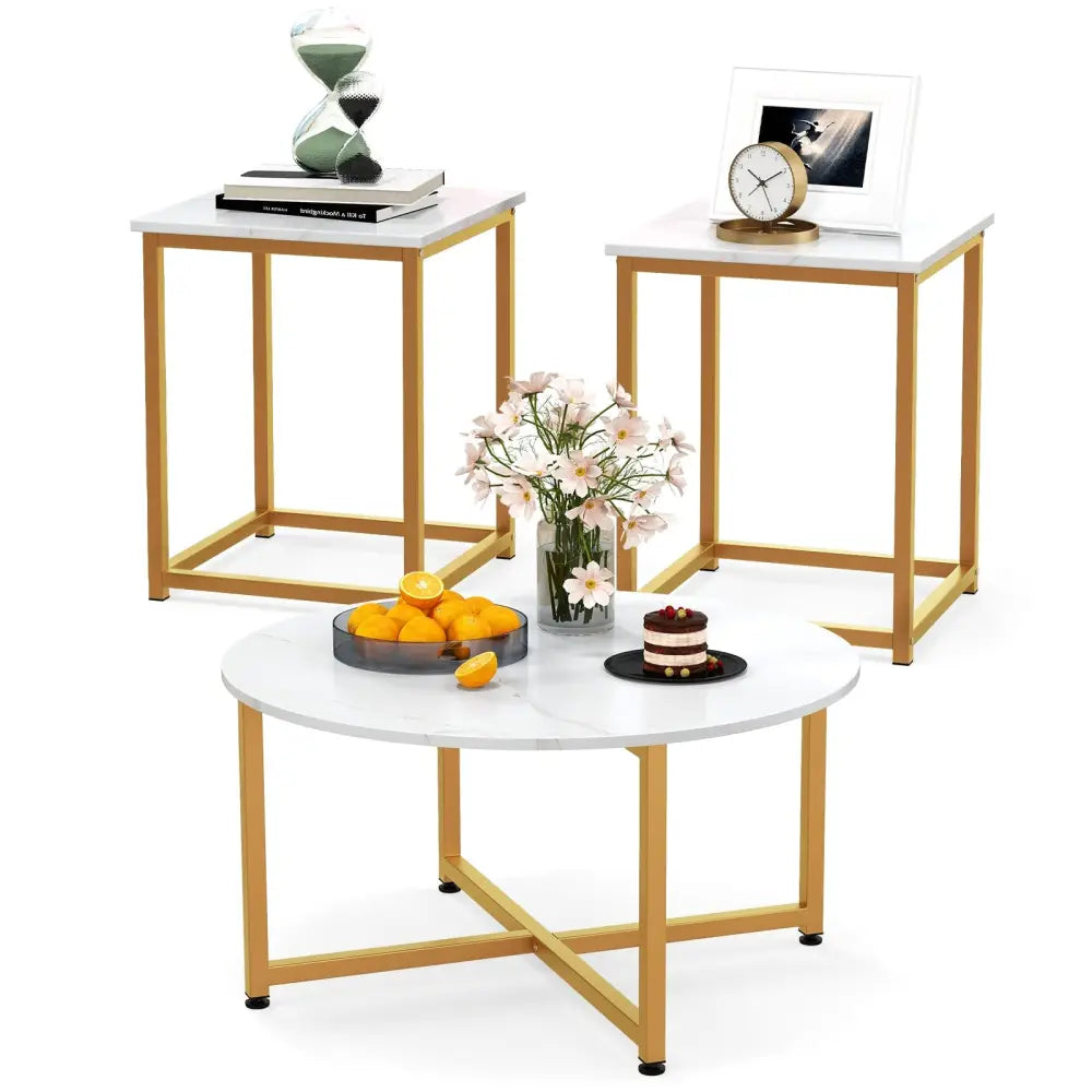 3-Piece Coffee Table Set Round Coffee Table and 2PCS Square End Tables-White and Gold - White - Coffee Tables