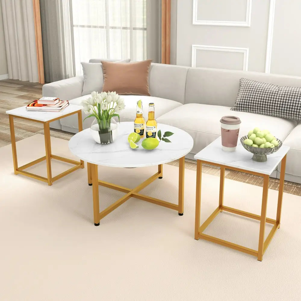 3-Piece Coffee Table Set Round Coffee Table and 2PCS Square End Tables-White and Gold - White - Coffee Tables