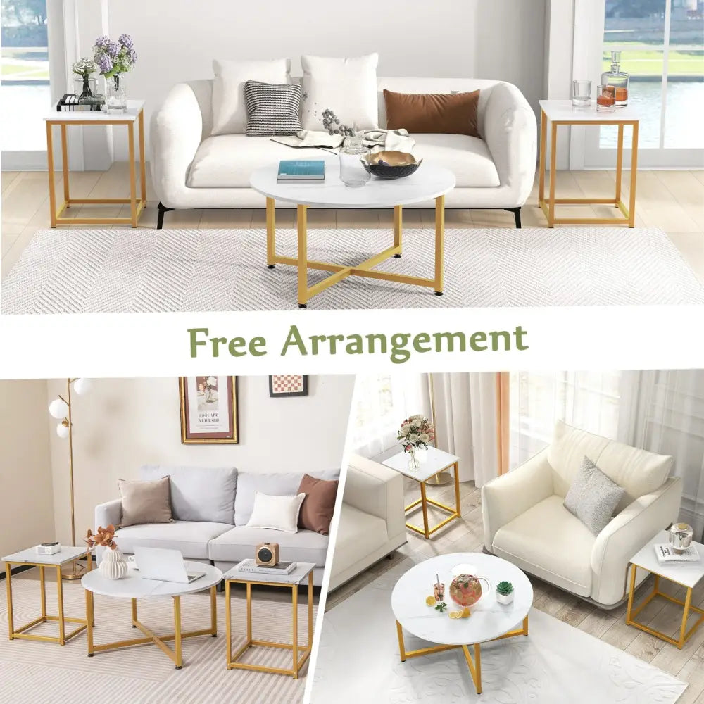 3-Piece Coffee Table Set Round Coffee Table and 2PCS Square End Tables-White and Gold - White - Coffee Tables