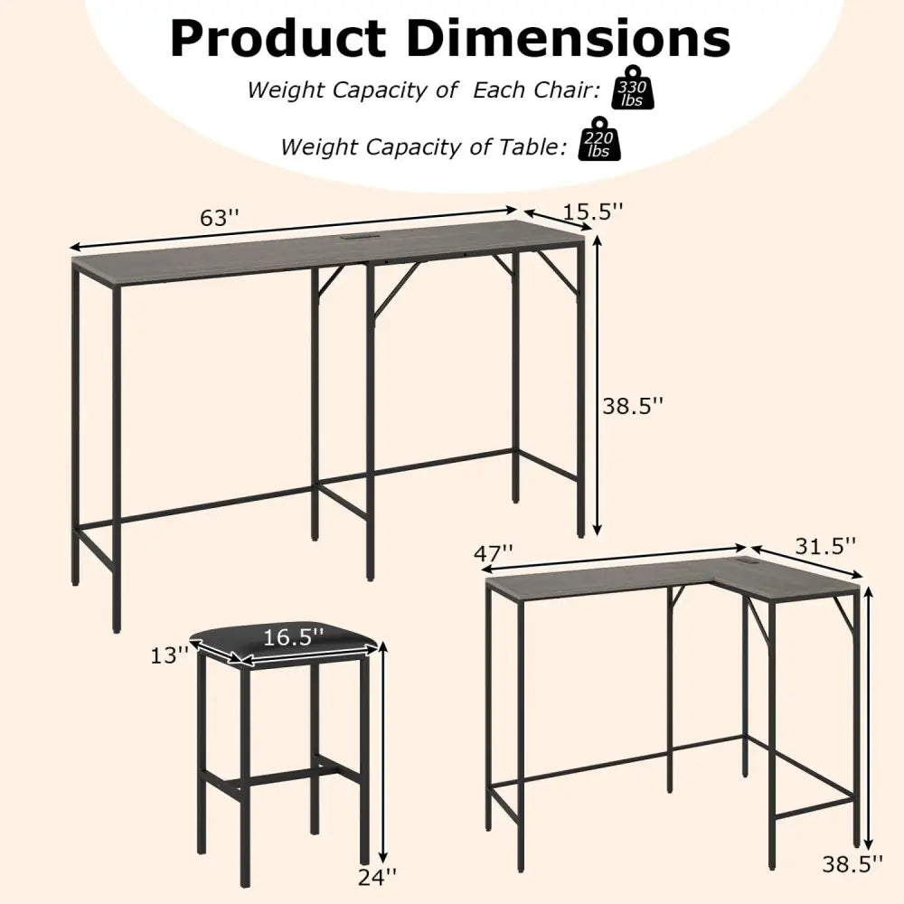3-Piece Convertible L-Shaped Kitchen Table Chair Set with 2 AC Outlets USB Port and Type-C Port-Gray - Gray - Dining