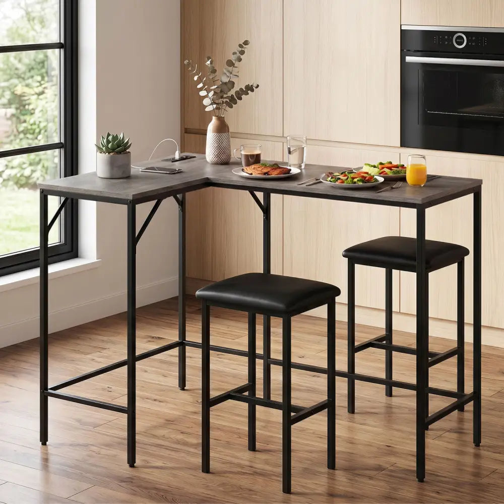 3-Piece Convertible L-Shaped Kitchen Table Chair Set with 2 AC Outlets USB Port and Type-C Port-Gray - Gray - Dining