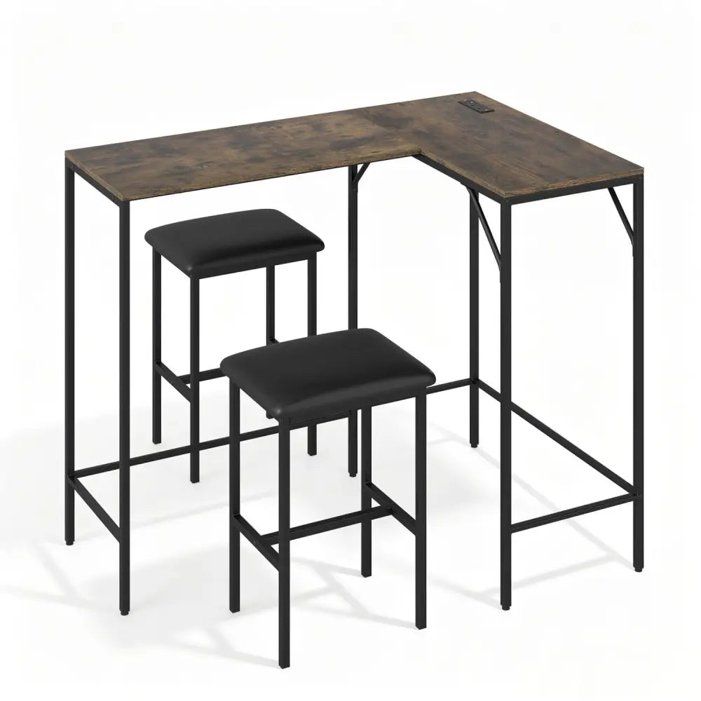 3-Piece Convertible L-Shaped Kitchen Table Chair Set with 2 AC Outlets USB Port and Type-C Port-Rustic Brown - Rustic