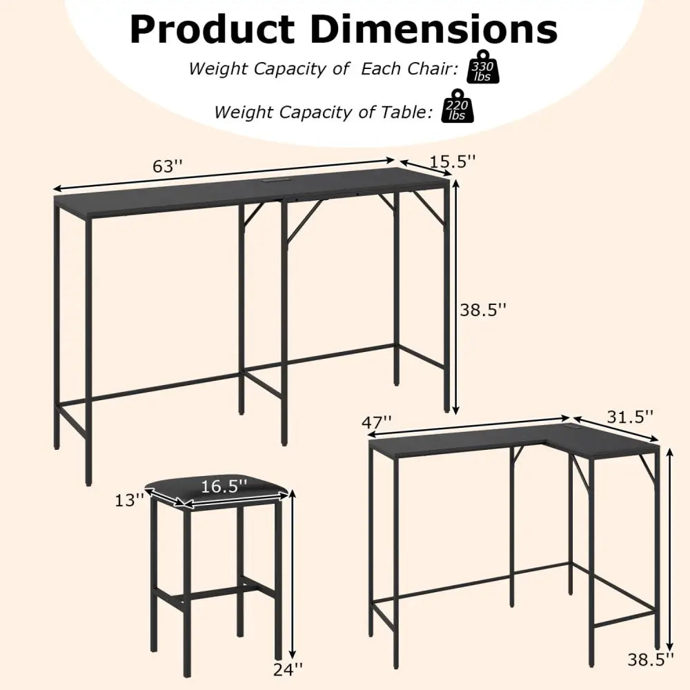 3-Piece Convertible L-Shaped Kitchen Table Chair Set with 2 AC Outlets USB Port and Type-C Port-Black - Black - Dining