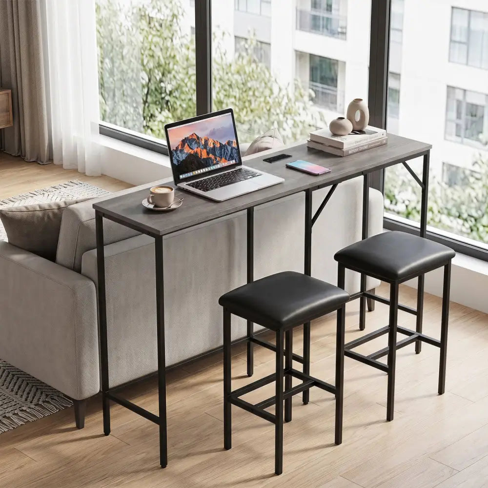 3-Piece Convertible L-Shaped Kitchen Table Chair Set with 2 AC Outlets USB Port and Type-C Port-Gray - Gray - Dining