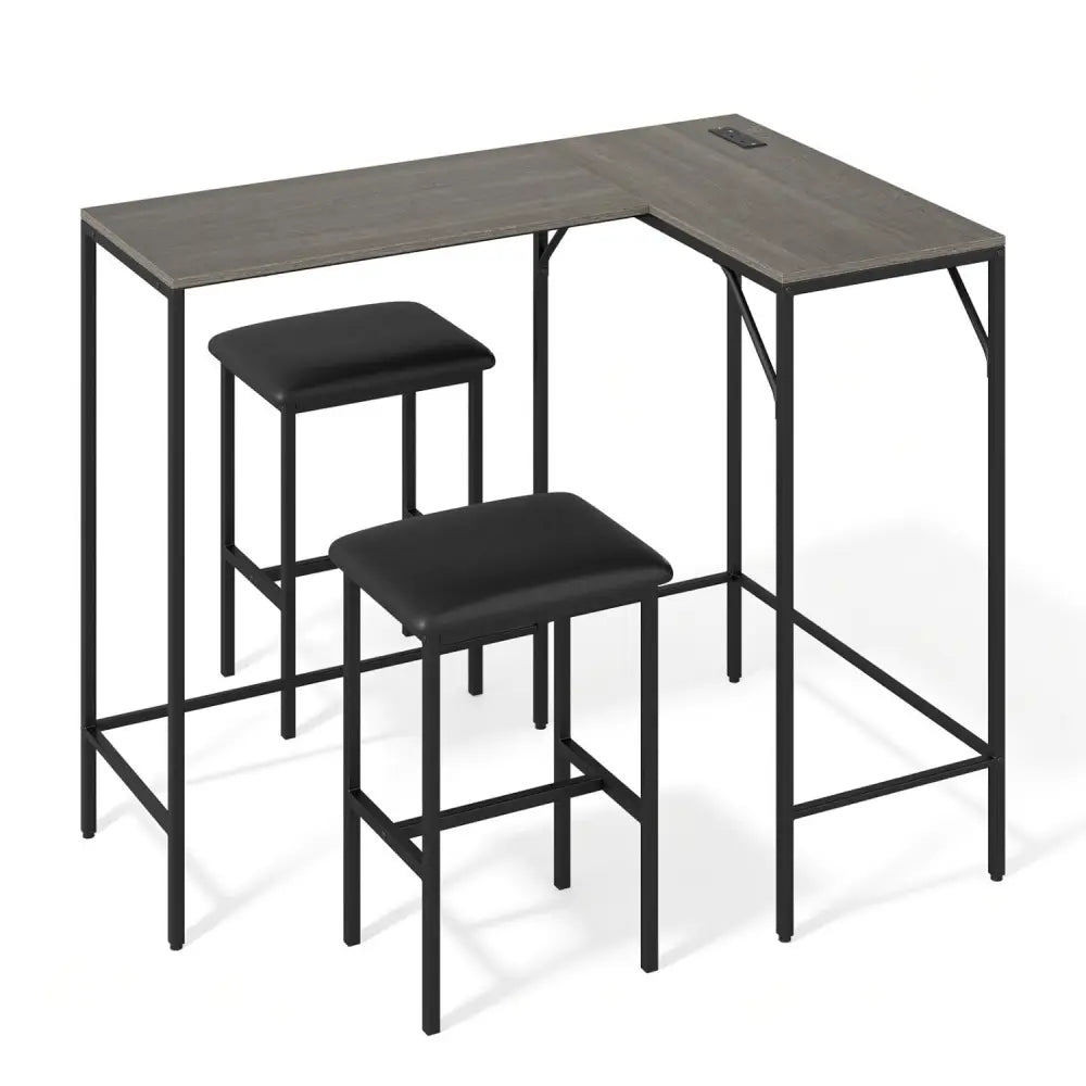 3-Piece Convertible L-Shaped Kitchen Table Chair Set with 2 AC Outlets USB Port and Type-C Port-Gray - Gray - Dining