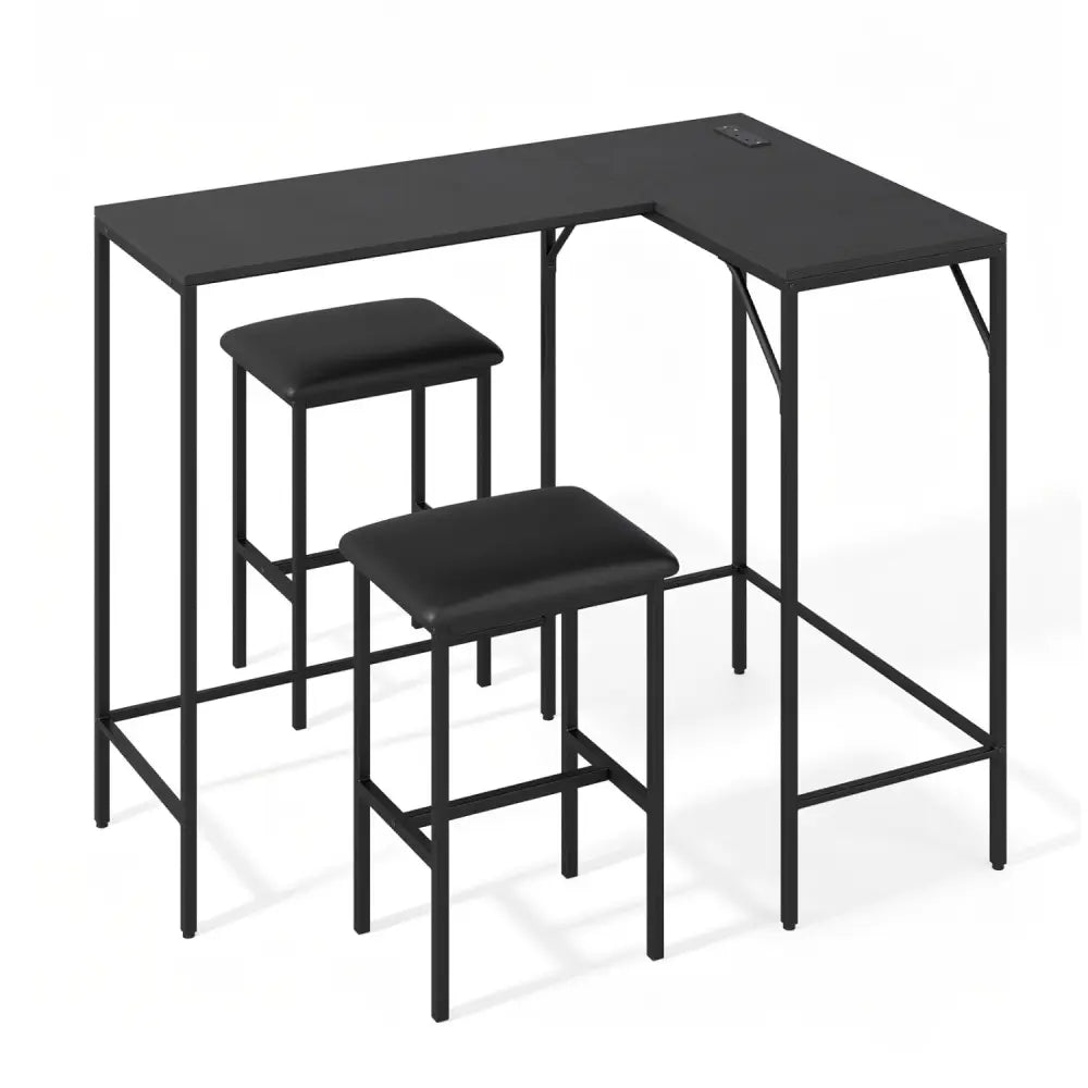 3-Piece Convertible L-Shaped Kitchen Table Chair Set with 2 AC Outlets USB Port and Type-C Port-Black - Black - Dining