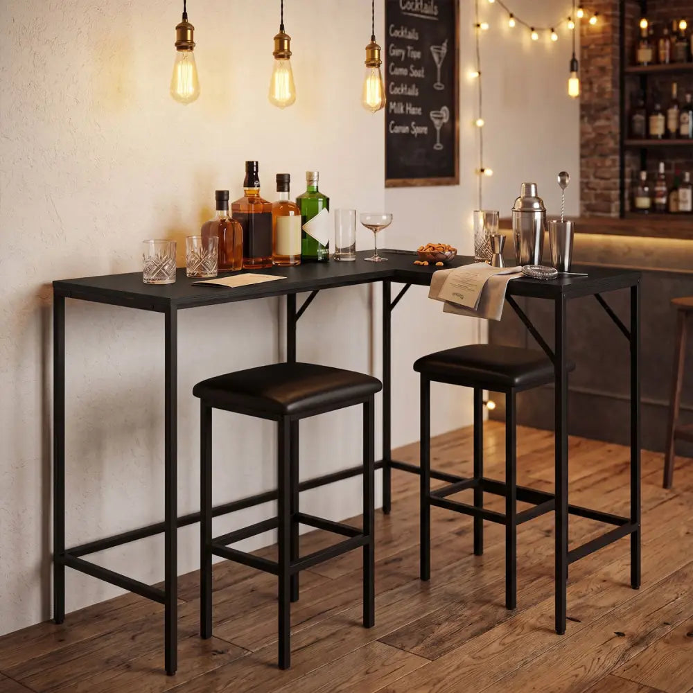 3-Piece Convertible L-Shaped Kitchen Table Chair Set with 2 AC Outlets USB Port and Type-C Port-Black - Black - Dining