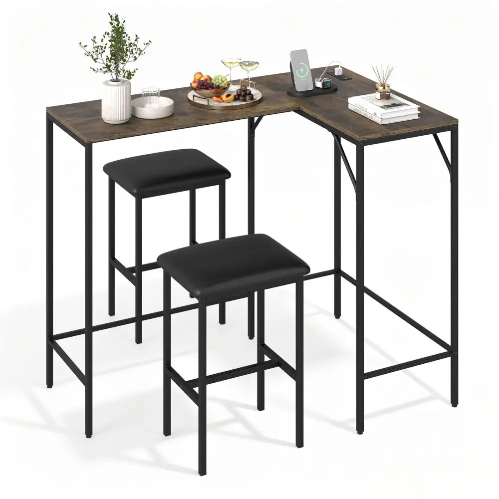 3-Piece Convertible L-Shaped Kitchen Table Chair Set with 2 AC Outlets USB Port and Type-C Port-Rustic Brown - Rustic