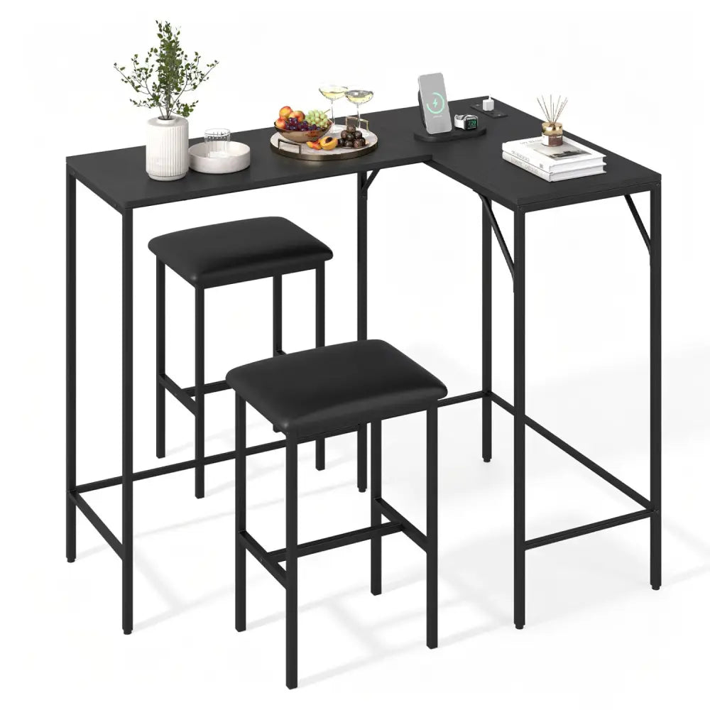 3-Piece Convertible L-Shaped Kitchen Table Chair Set with 2 AC Outlets USB Port and Type-C Port-Black - Black - Dining