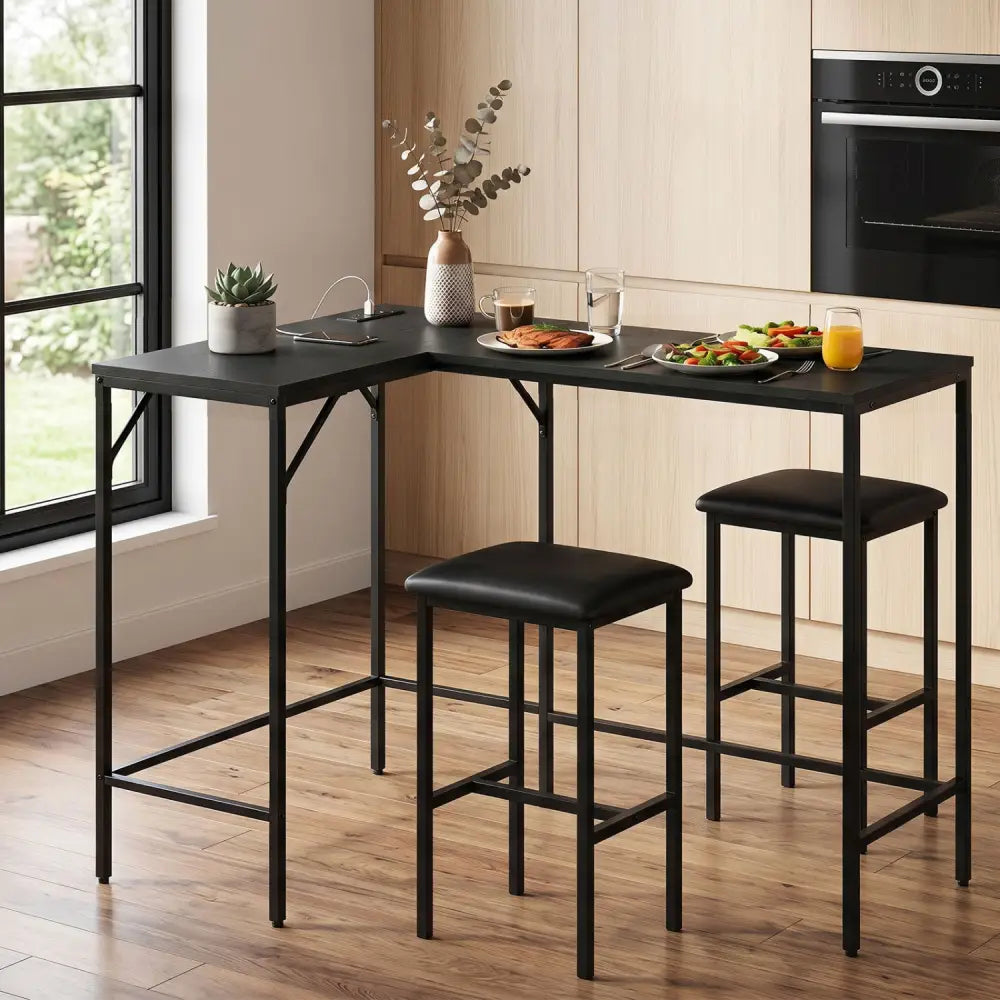 3-Piece Convertible L-Shaped Kitchen Table Chair Set with 2 AC Outlets USB Port and Type-C Port-Black - Black - Dining