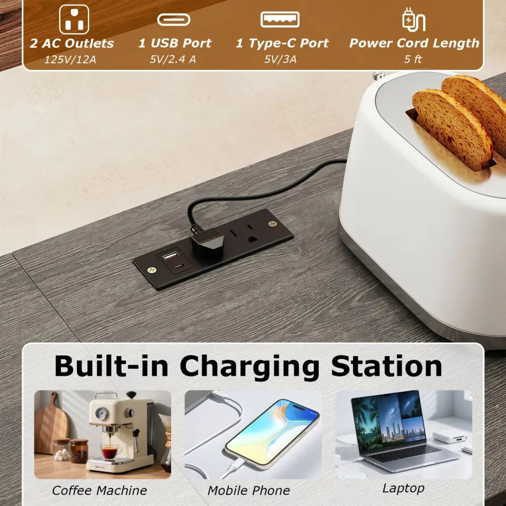 3-Piece Convertible L-Shaped Kitchen Table Chair Set with 2 AC Outlets USB Port and Type-C Port-Gray - Gray - Dining