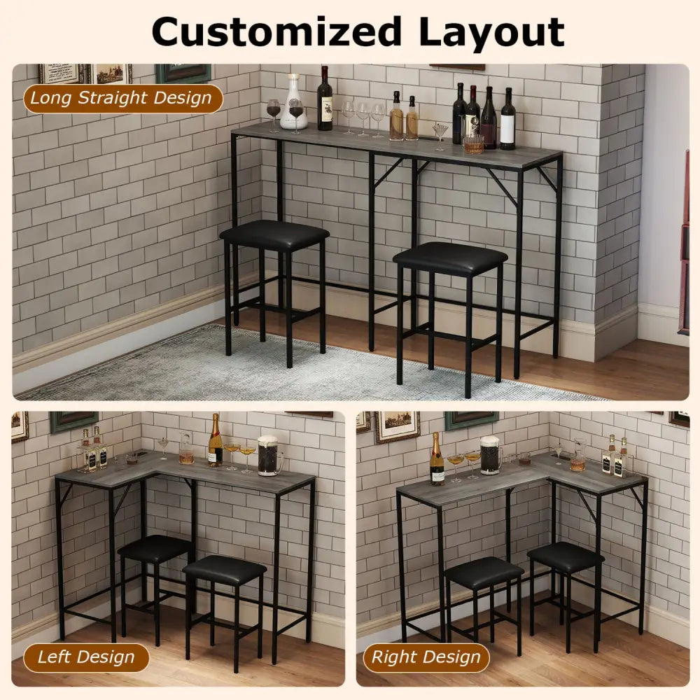 3-Piece Convertible L-Shaped Kitchen Table Chair Set with 2 AC Outlets USB Port and Type-C Port-Gray - Gray - Dining