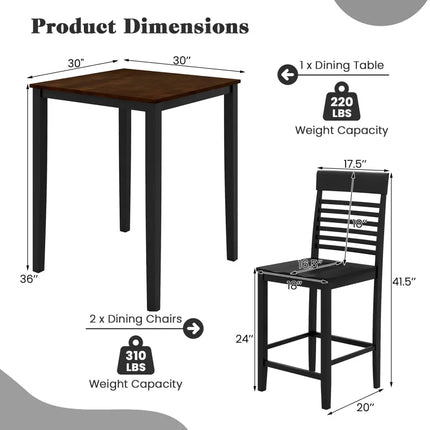 3-Piece Counter-Height Dining Table Set for 2 with Rubber Wood Frame and Footrest-Black Costway