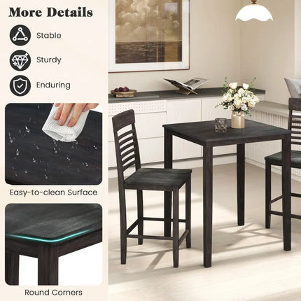3-Piece Counter-Height Dining Table Set for 2 with Rubber Wood Frame and Footrest-Gray Costway