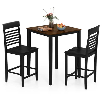 3-Piece Counter-Height Dining Table Set for 2 with Rubber Wood Frame and Footrest-Black Costway