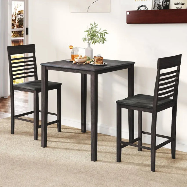 3-Piece Counter-Height Dining Table Set for 2 with Rubber Wood Frame and Footrest-Gray Costway
