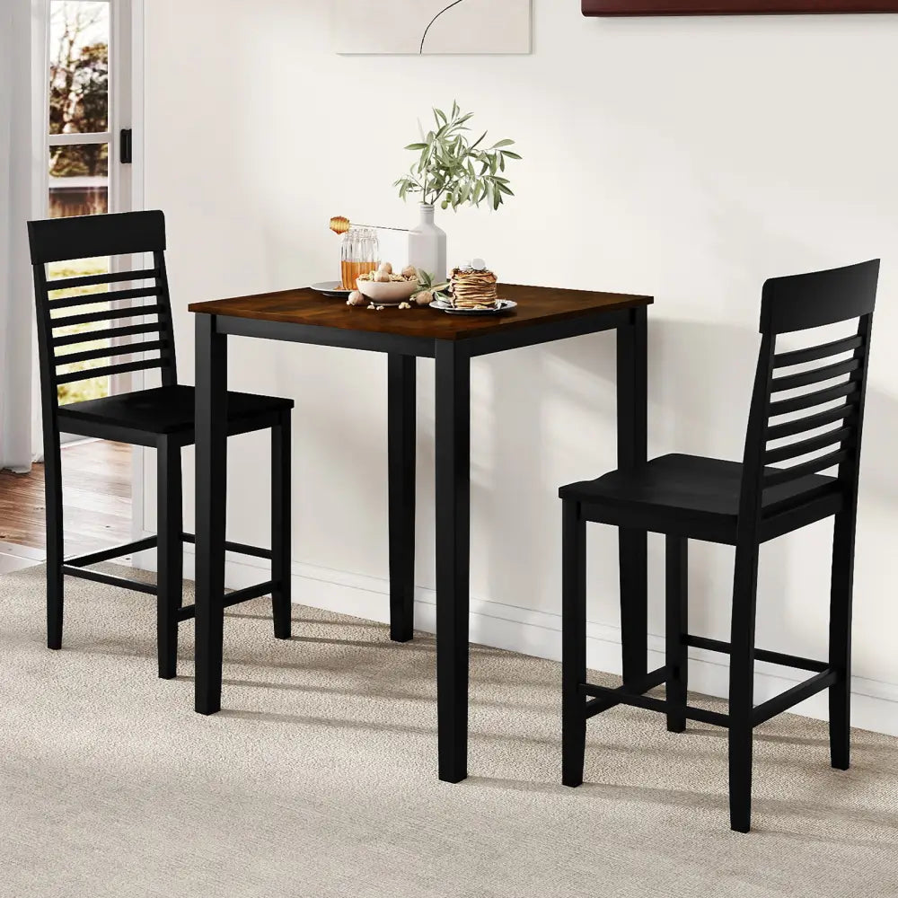 3-Piece Counter-Height Dining Table Set for 2 with Rubber Wood Frame and Footrest-Black - Black - Dining Room Sets