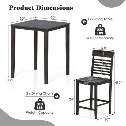 3-Piece Counter-Height Dining Table Set for 2 with Rubber Wood Frame and Footrest-Gray Costway