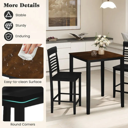 3-Piece Counter-Height Dining Table Set for 2 with Rubber Wood Frame and Footrest-Black Costway