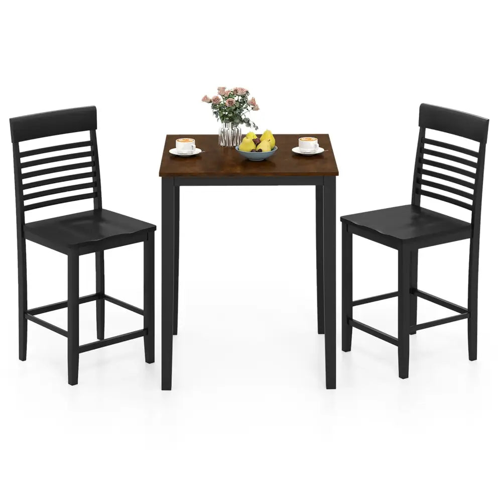 3-Piece Counter-Height Dining Table Set for 2 with Rubber Wood Frame and Footrest-Black - Black - Dining Room Sets