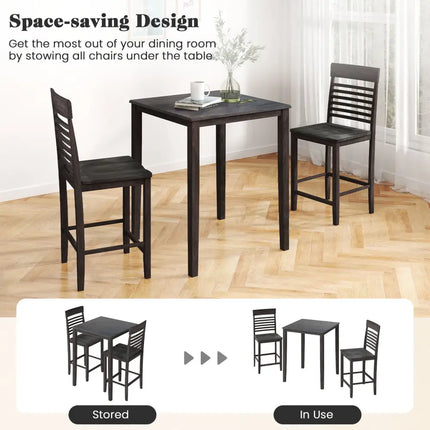 3-Piece Counter-Height Dining Table Set for 2 with Rubber Wood Frame and Footrest-Gray Costway