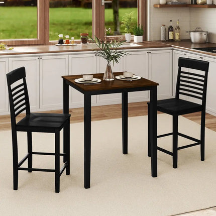 3-Piece Counter-Height Dining Table Set for 2 with Rubber Wood Frame and Footrest-Black Costway