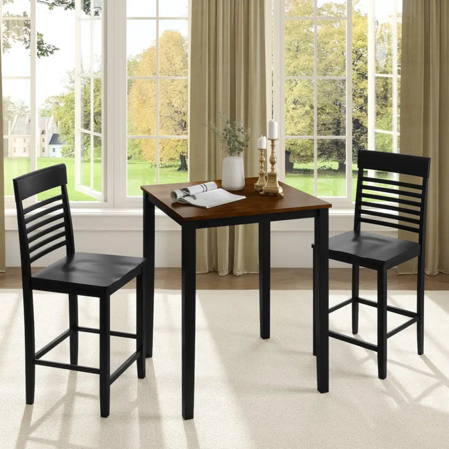 3-Piece Counter-Height Dining Table Set for 2 with Rubber Wood Frame and Footrest-Black Costway