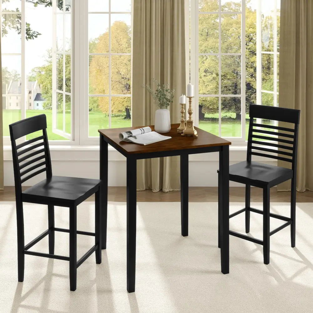 3-Piece Counter-Height Dining Table Set for 2 with Rubber Wood Frame and Footrest-Black - Black - Dining Room Sets