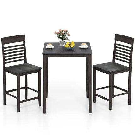 3-Piece Counter-Height Dining Table Set for 2 with Rubber Wood Frame and Footrest-Gray Costway