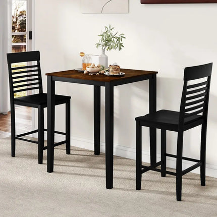 3-Piece Counter-Height Dining Table Set for 2 with Rubber Wood Frame and Footrest-Black Costway