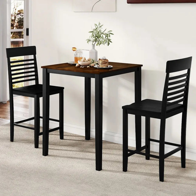 3-Piece Counter-Height Dining Table Set for 2 with Rubber Wood Frame and Footrest-Black Costway
