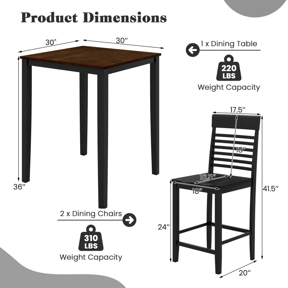 3-Piece Counter-Height Dining Table Set for 2 with Rubber Wood Frame and Footrest-Black - Black - Dining Room Sets