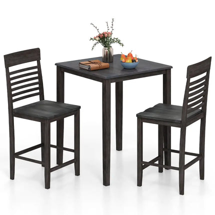 3-Piece Counter-Height Dining Table Set for 2 with Rubber Wood Frame and Footrest-Gray Costway