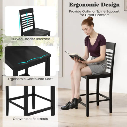 3-Piece Counter-Height Dining Table Set for 2 with Rubber Wood Frame and Footrest-Black Costway
