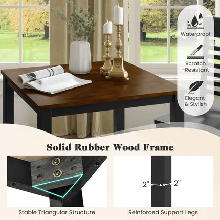 3-Piece Counter-Height Dining Table Set for 2 with Rubber Wood Frame and Footrest-Black Costway