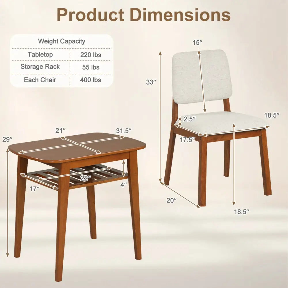 3-Piece Dining Table Set for 2 with Upholstered Chairs-Cherry - Cherry - Dining Room Sets