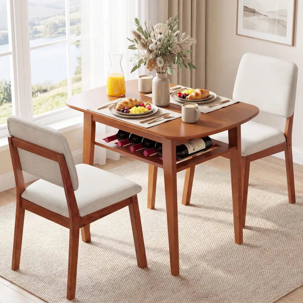3-Piece Dining Table Set for 2 with Upholstered Chairs-Cherry - Cherry - Dining Room Sets