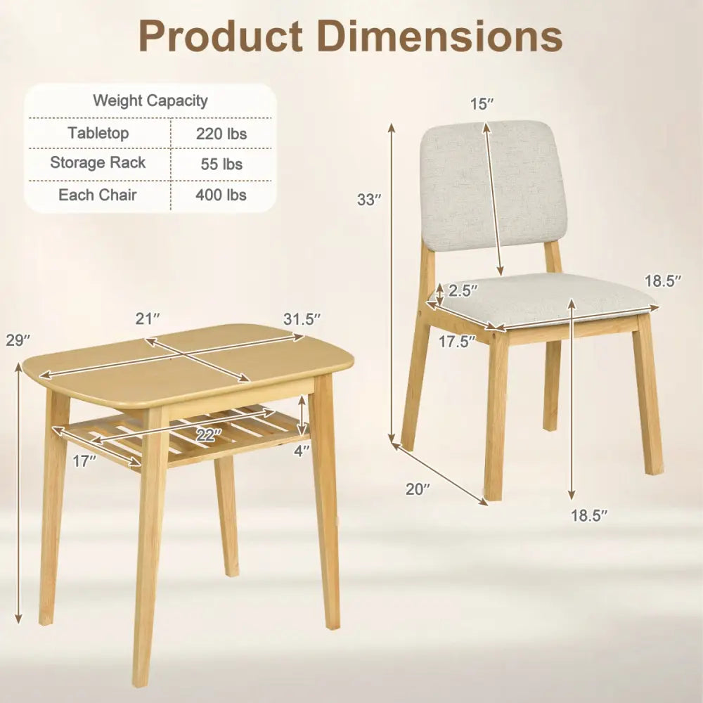 3-Piece Dining Table Set for 2 with Upholstered Chairs-Natural - Natural - Dining Room Sets