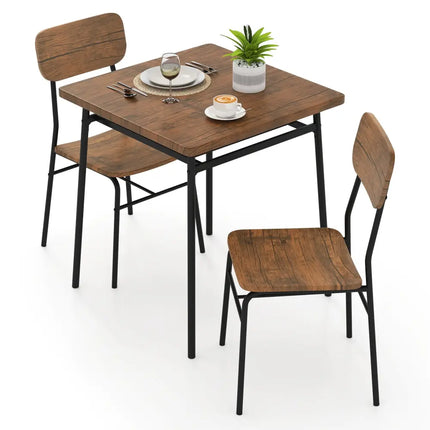3 Piece Dining Table Set for 2 Wood Square Table with Metal Frame-Brown Costway