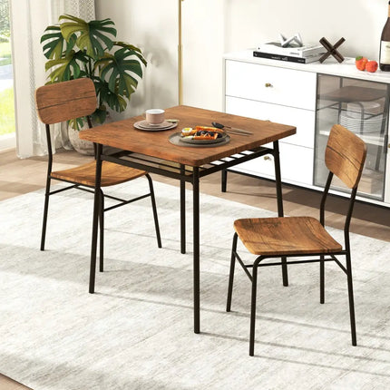 3 Piece Dining Table Set for 2 Wood Square Table with Metal Frame-Brown Costway