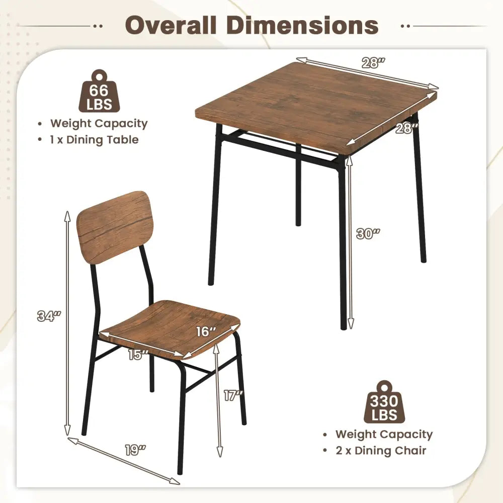3 Piece Dining Table Set for 2 Wood Square Table with Metal Frame-Brown - Brown - Dining Room Sets