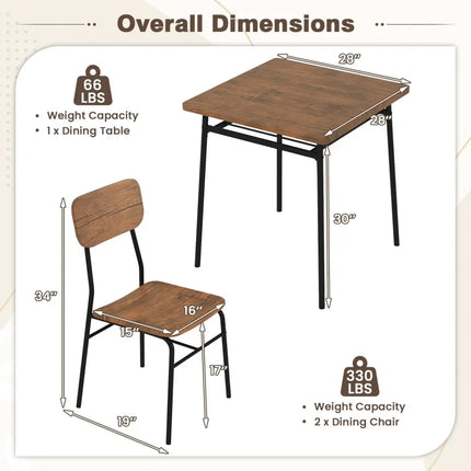3 Piece Dining Table Set for 2 Wood Square Table with Metal Frame-Brown Costway