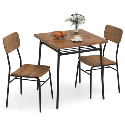 3 Piece Dining Table Set for 2 Wood Square Table with Metal Frame-Brown Costway