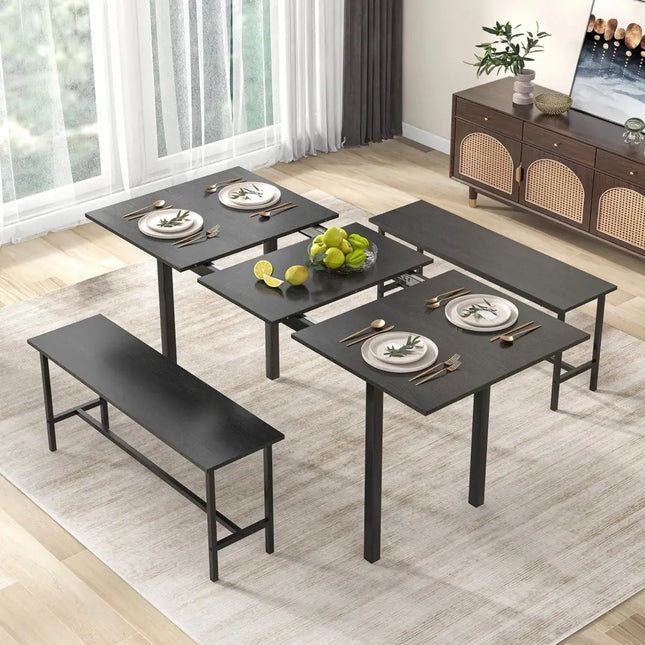 3 Piece Dining Table Set for 4-6 with 2 Benches-Black Costway