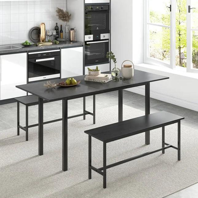 3 Piece Dining Table Set for 4-6 with 2 Benches-Black Costway