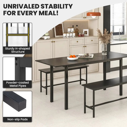 3 Piece Dining Table Set for 4-6 with 2 Benches-Black Costway