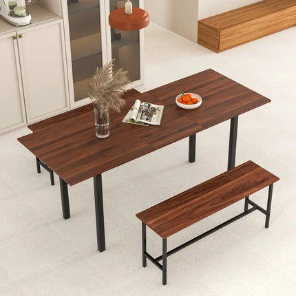 3 Piece Dining Table Set for 4-6 with 2 Benches-Walnut Costway