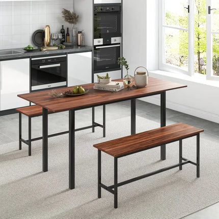 3 Piece Dining Table Set for 4-6 with 2 Benches-Walnut Costway