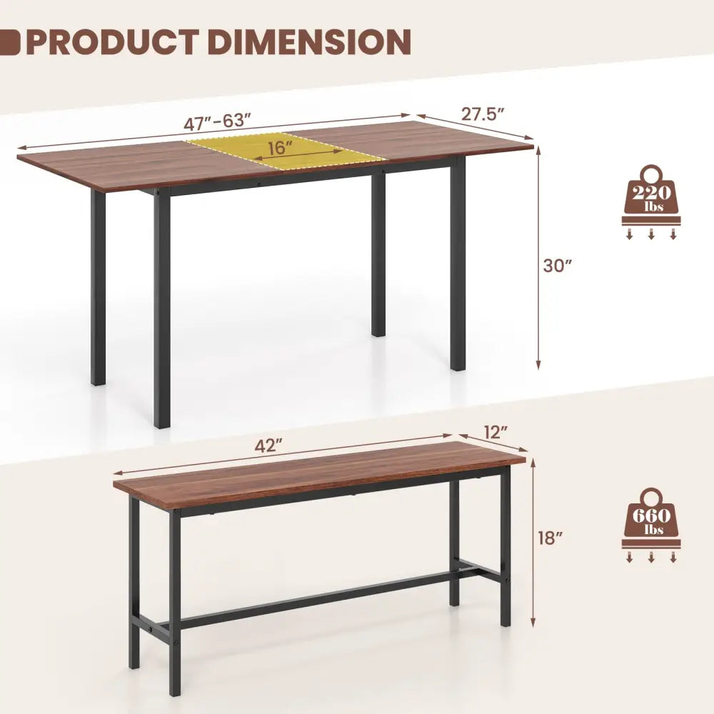 3 Piece Dining Table Set for 4-6 with 2 Benches-Walnut - Walnut - Dining Room Sets